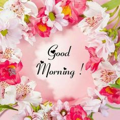 pink and white flowers with the words good morning