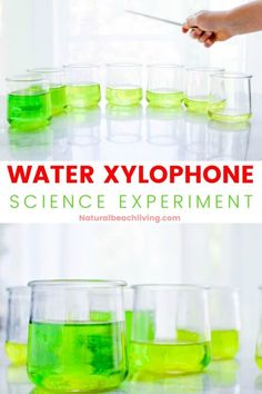 the science experiment is filled with water and liquid to make an experiment for children's science