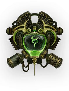 a steampunk clock with green light on it's face and two hands