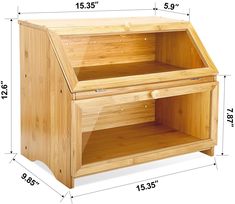 a wooden cabinet with measurements for the top and bottom section, including its doors open