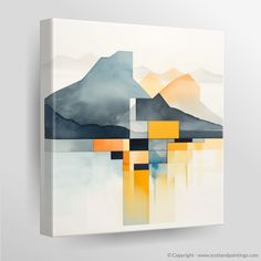 an abstract painting with mountains in the background