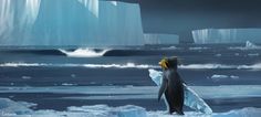 a penguin is standing on an iceberg and looking at the icy water in front of it