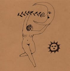 a drawing of a naked woman holding an object in one hand and a sun on the other