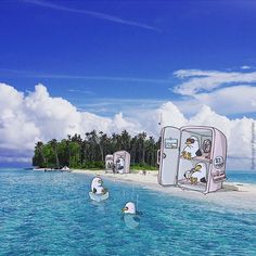 two cartoon refrigerators floating in the ocean next to an island