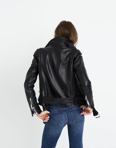 Inspired by old-school biker style (and some boyfriends past and present), our signature leather jacket combines buttery soft, pebbled leather with chunky silver hardware. Guaranteed to up the cool quotient of pretty much any outfit.True to size.Leather.Professional leather clean.Imported.Madewell.com only. Classic Leather Biker Jacket For Spring, Fall Leather Biker Jacket For Streetwear, Leather Biker Jacket For Fall Streetwear, Chic Leather Biker Jacket For Streetwear, Edgy Leather Outerwear For Fall, Classic Spring Biker Jacket For Biker Events, Classic Biker Jacket For Fall Streetwear, Classic Biker Jacket For Spring Events, Chic Leather Outerwear For Biker Events