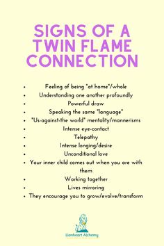 a poster with the words signs of a twin flame connection written in purple on it