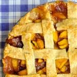 a close up of a pie on a table with a checkered cloth behind it