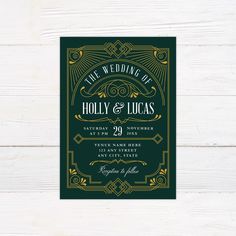 Art Deco Gatsby Invitations - goprintplus Art Deco Invite, Art Deco Party, Art Deco Invitations, Art Deco Wedding Invitations, Green Wedding Invitations, Christmas Invitations, Art Deco Wedding, Wedding Board, Invitation Set