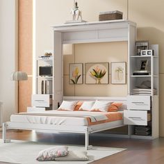 a bedroom with a bed, desk and shelves