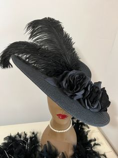 Ready to ship today from Tennessee, USA. I ship quickly and package safely in boxes. See more unique and distinctive choices at my Etsy Shop: https://www.etsy.com/shop/equineelan    This is a high quality wide brim woven sun hat with black roses and large black ostrich plumes. Very Victorian or Gothic. Perfect for so many occasions.  Very formal and depending what you pair it with can be worn for funerals or parties.  Wear the brim straight or bend it over one eye. Wear the hat flat on your head Dress Hat, Black Kentucky Derby Hat, Black Rose Outfit, Big Hats For Women, Gothic Hats, Wide Brim Hats, Derby Hats Women, Big Hats, Vintage Hats For Women