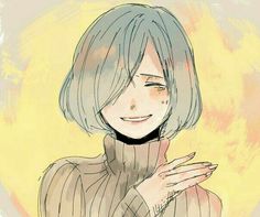 a drawing of a woman with blue hair wearing a turtle neck sweater and holding her hand up to her chest