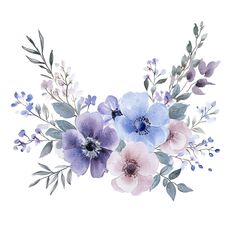 watercolor painting of blue and pink flowers