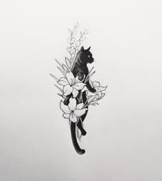 a black and white drawing of a cat with flowers