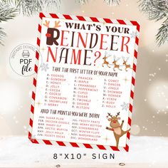 a reindeer christmas game is shown in front of a snow - covered background with the words, what's your reindeer name?