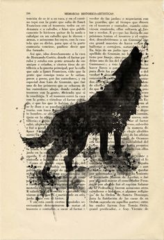 a black and white photo of a dog on an old book with ink splatters