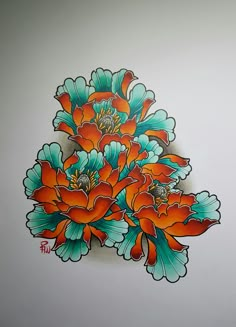 an orange and blue flower on a white background