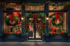 two christmas wreaths on display in front of a store window with red and green bows