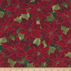 red and green poinsettia fabric with leaves