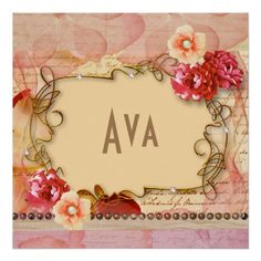 the word ava is surrounded by pink flowers and gold trimmings on a beige background