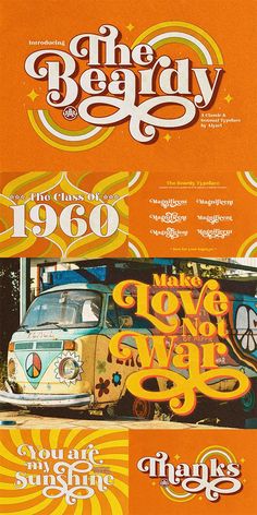 an orange poster with the words, the beachy and old school bus on it