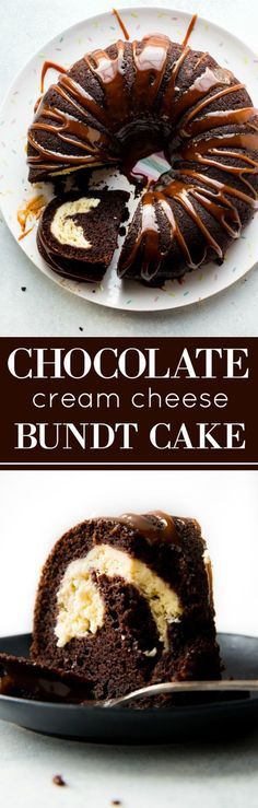 chocolate cream cheese bundt cake on a plate