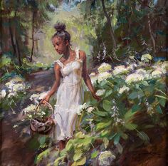 a painting of a woman walking through the woods with flowers in her hand and holding a basket