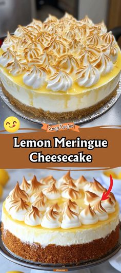 lemon meringue cheesecake with whipped cream on top and an image of the same cake