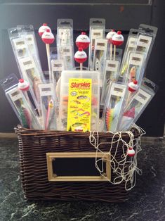 a basket filled with toothbrushes and dental floss