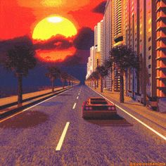 an image of a car driving down the road in front of tall buildings and palm trees