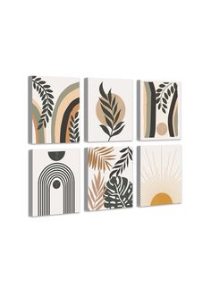 four canvases with different designs on them, each featuring an image of trees and sun