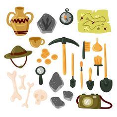 an assortment of garden tools including shovels, rakes and other items