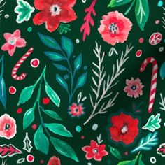 a green background with red flowers, candy canes and peppermints on it