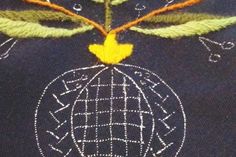 a close up view of a blue sweater with white and yellow embroidered designs on it