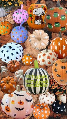 many pumpkins are sitting on the ground in front of some leaves and flowers, all painted with different designs