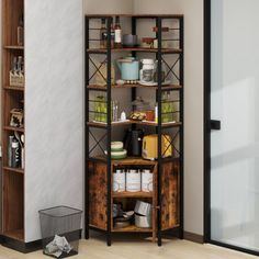 an open shelving unit in the corner of a room