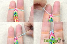 four pictures of the same hand with different colored bracelets attached to each other,