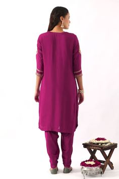 Magenta pink three fourth sleeves straight kurta in habutai silk base with blossom embroidery using dori, sequin and cut dana highlights. Paired with a trim gota lace embellished dhoti pant and scalloped organza dupatta with all over floral booti embroidery. - Aza Fashions Pink Kurta With Dupatta For Puja, Pink Zari Work Pant Set For Festivals, Pink Pant Set With Dabka Work For Diwali, Pink Pant Set With Zari Work For Festivals, Traditional Pink Pant Set With Traditional Drape, Festive Pink Pant Set With Traditional Drape, Unstitched Pink Sets For Puja, Pink Straight Kurta Pant Set With Zari Work, Pink Pant Set With Zari Work And Straight Kurta