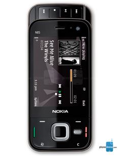 an old nokia cell phone is shown with its screen showing the time and location on it