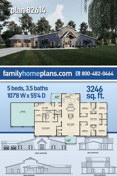 two story house plan with 3 beds, 3 baths and 2 bathrooms in the front