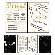 a 50th birthday card with balloons and confetti on the inside, in black and gold