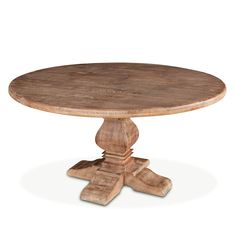 a round wooden table with four legs and a circular wood top on an isolated white background