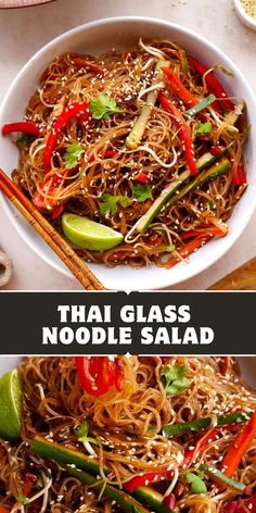 thai noodle salad in a white bowl with chopsticks next to it and the words thai glass noodle salad