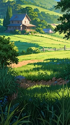 a painting of a house in the middle of a lush green field with blue flowers