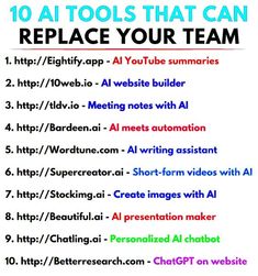 Ai replacement | Ai tools that can replace your team | Ai automation Business Automation Tools, Data Science Learning, Google Tools, Learn Computer Coding, Secret Websites, Technology Lessons, Technology Hacks, Social Media Management Tools