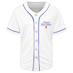 a white baseball jersey with blue trims on the chest and sleeves that say, united states