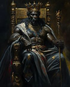 a painting of a man sitting in a chair wearing a crown and holding a cane