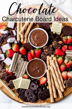 a platter with chocolate, strawberries and crackers on it that says chocolate charcuterie board ideas