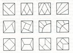 nine square shapes are shown in black and white, each with different lines on them