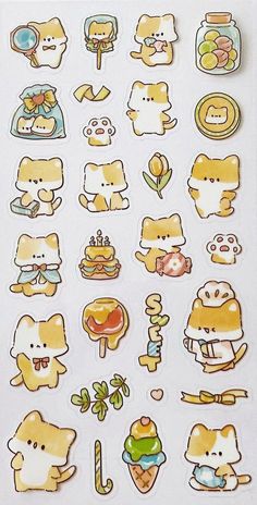 the stickers are all in different shapes and sizes, including cats with food on them