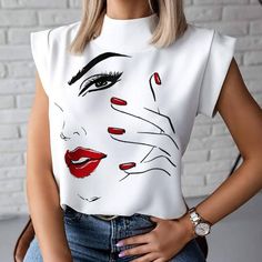 Mode Prints, Shirt Elegant, Stand Neck, Streetwear Shirts, Casual Shirt Women, Streetwear Summer, Lips Print, Womens Tops Summer, Short Sleeve Pullover